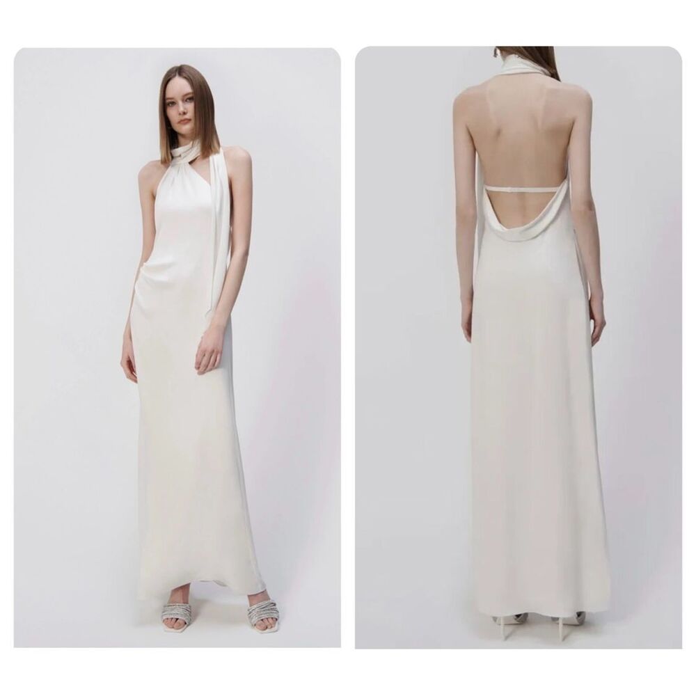 NWT Jonathan Simkhai Open Back Satin Vittoria Draped Scarf Maxi Gown Ivory Sz 0